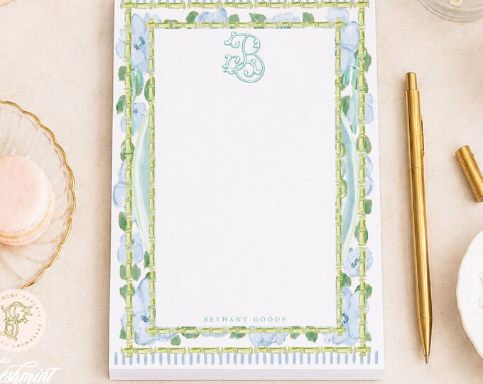 Bamboo Floral Watercolor Notepad: Custom Monogrammed Stationery - 5x7