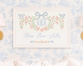 Watercolor Floral Monogram Nursery Print, Custom Name Wall Art