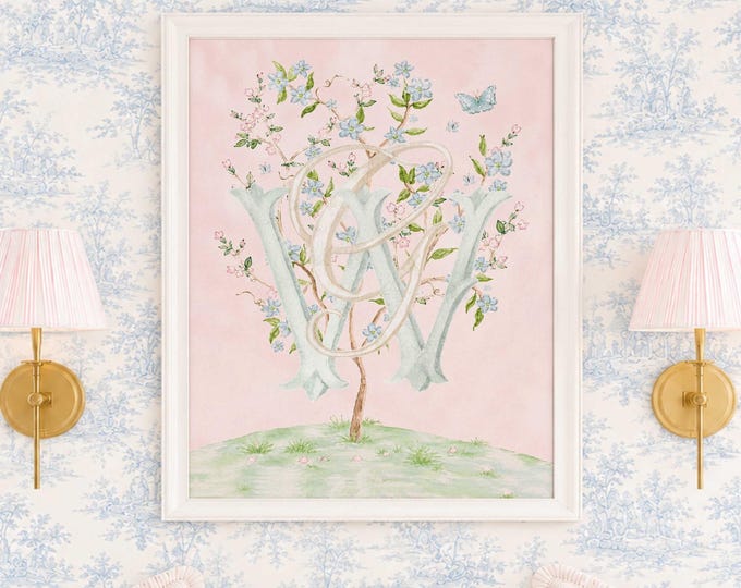 Watercolor Chinoiserie Monogram Nursery Art, Custom Wall Print, Cherry Blossom, Grandmillennial
