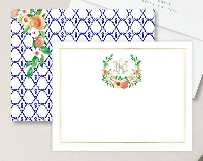 Personalized Stationery - Monogram Note Cards - Peach Note Cards - Stationery Suite -  Peach Floral Watercolor - Set 18