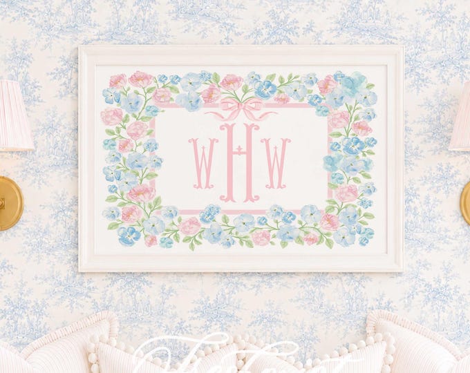 Watercolor Floral Monogram Nursery Art: Pink Ribbon, Baby Girl