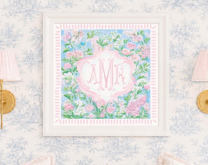 Monogram Wall Art, Monogram, Medallion, Grandmillennial, Watercolor, Chinoiserie, Butterflies