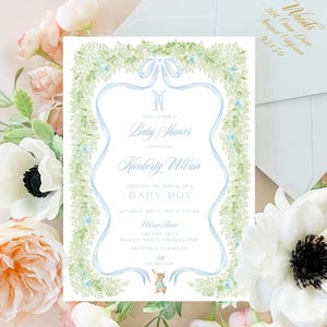Inviti per baby shower a forma di coniglietto, invito monogramma per baby shower, invito di Pasqua, invito monogramma con stemma, baby shower per bambini, baby brunch