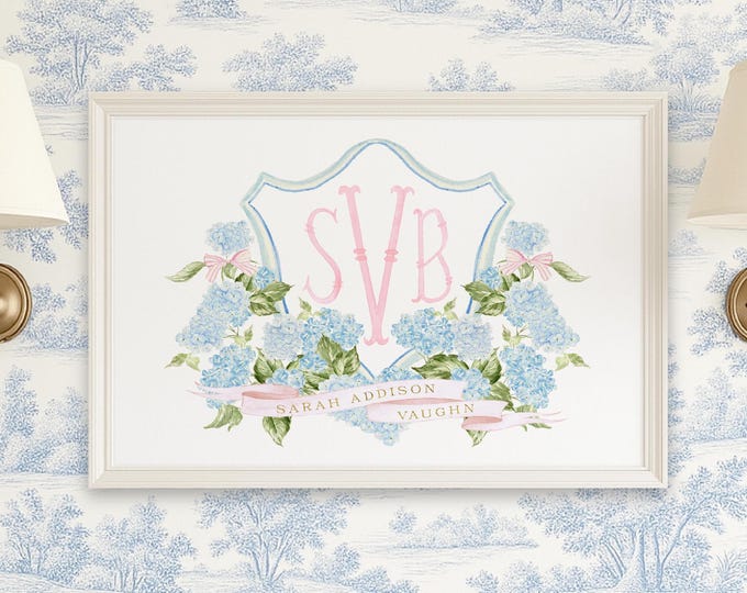 Watercolor Hydrangea Monogram Nursery Print, Custom Wall Art, Crest