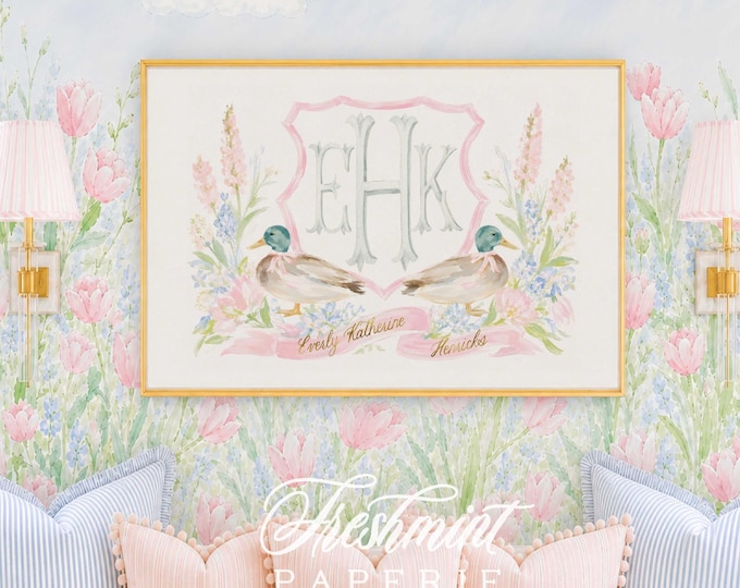 Mallard Duck Nursery Art, Custom Monogram Print