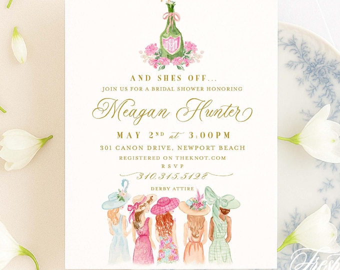 Derby Bridal Shower Invitation, Run for the Roses, Kentucky Derby, Monogram, Crest, Watercolor