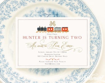 Polar Express Invitation, Choo Choo Train, All Aboard, Monogram, Gingham, Christmas