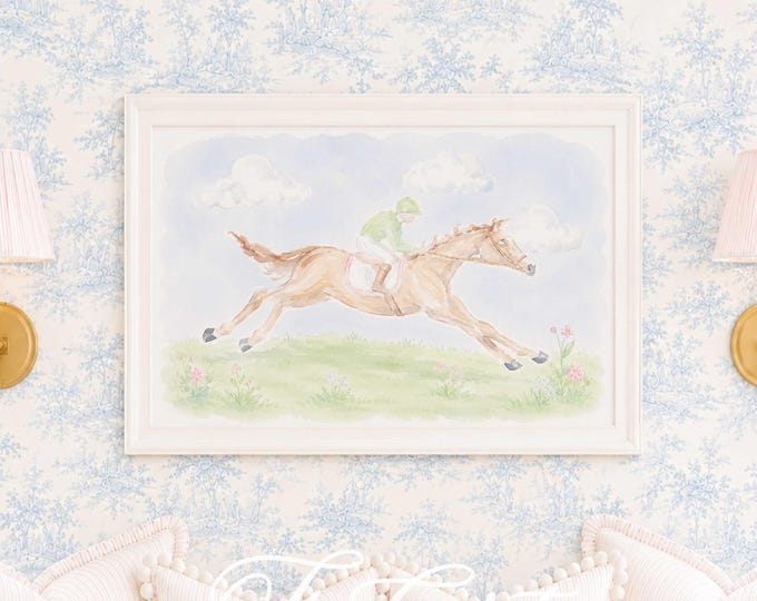Derby Nursery wall art, Watercolor, Grandmillennial, Floral, Horse, Equestrian, Jockey