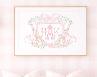 Kunst fürs Kinderzimmer, Monogramm, Elefant, Giraffe, Safari, rosa Schleifenwappen, Grandmillennial, Baby Mädchen