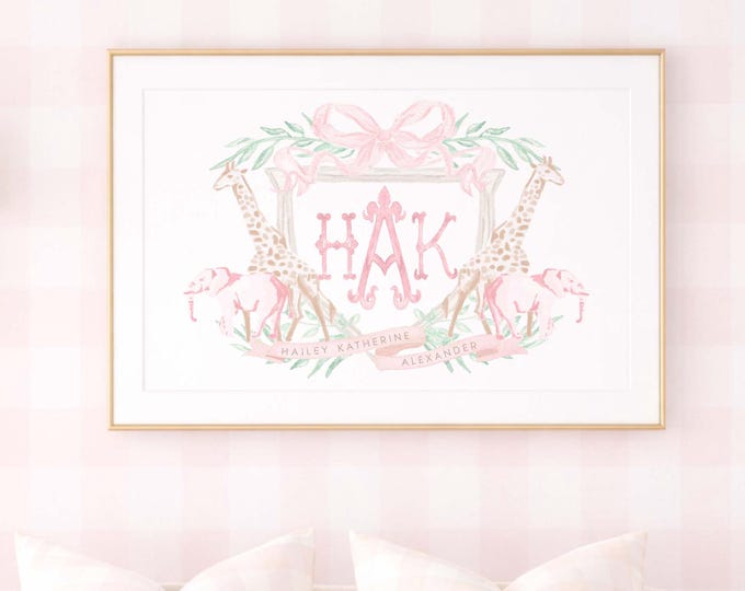 Nursery Wall Art, Monogram, Elephant, Giraffe, Safari, Pink Bow Crest, Grandmillennial, Baby Girl
