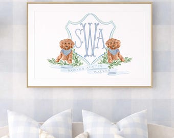Doodle Wandbild, Kinderzimmer Bild, Monogramm, Baby Boy Kinderzimmer, Goldendoodle, Welpe, Grandmillennial
