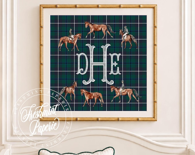 Tartan Monogram Wall Art, Preppy Horse, Classic, Watercolor, Plaid