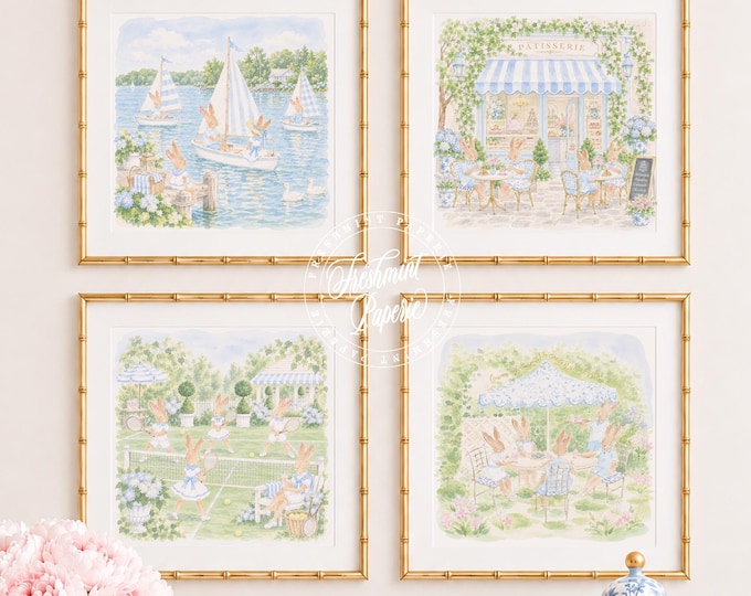 Nursery Wall Art, Bunny Garden Prints, Grandmillennial, Chinoiserie,  Set of 4