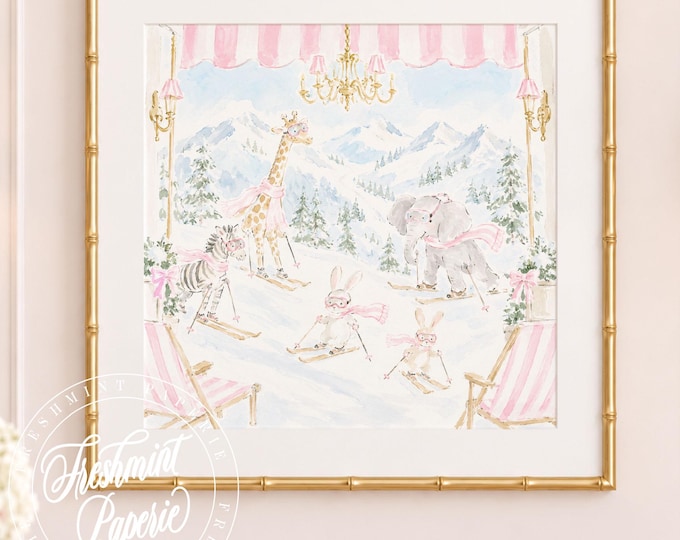 Nursery Wall Art, Animal art, Snow Bunnies, Skiing, Chalet, Aspen, Grandmillennial, Chinoiserie