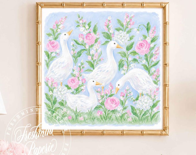Watercolor Geese Wall Art, Monogram, Grandmillennial, Floral, Chinoiserie, Heron