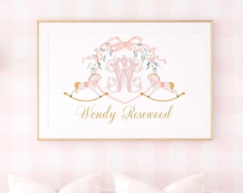 Rocking Horse wall art, Nursery print, Monogram, Crest, Pink Bow, Grandmillennial