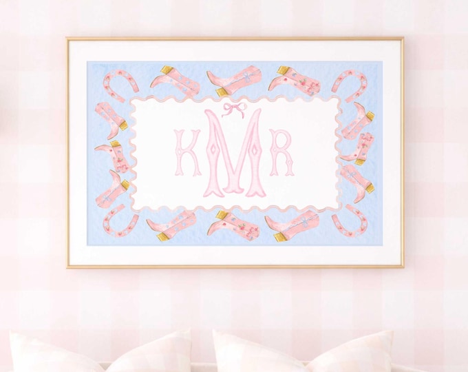 Pink Rodeo Nursery Print, Cowgirl Wall Art, Boots, Horse shoe, Monogram