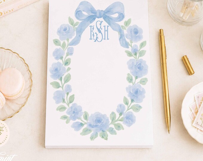 Custom Blue Floral Monogram Notepad - 5x7