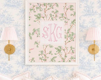 Aquarell Chinoiserie Monogramm Kinderzimmer Kunst, Benutzerdefinierte Wanddruck, Kirschblüte, Grandmillennial