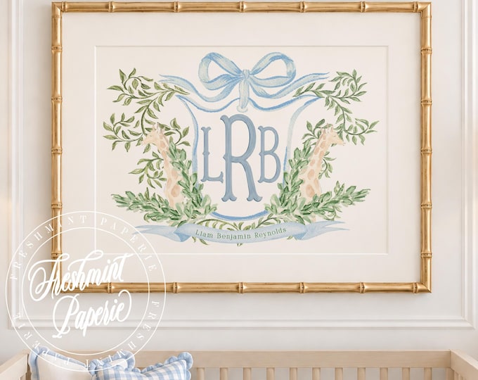 Safari Nursery Wall art Print, Giraffe, Monogram, Crest