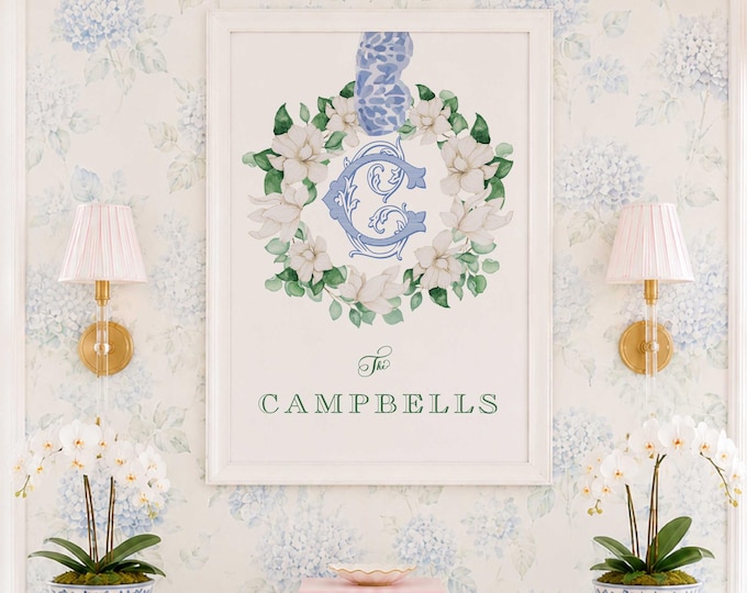 Monogram Wall Art, Magnolias, Family art, Crest