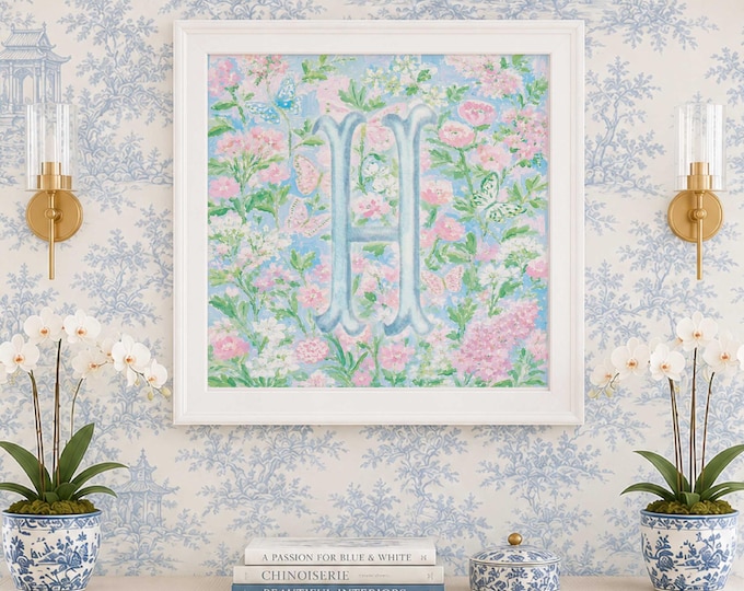 Monogram Wall Art, Chinoiserie, Floral, Grandmillennial, Watercolor