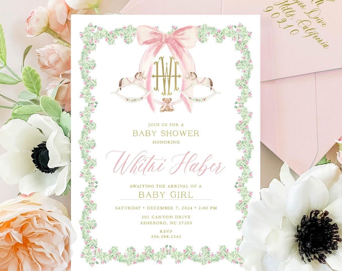 Rocking Horse Baby Shower Invitation, Monogram, Pink Bow