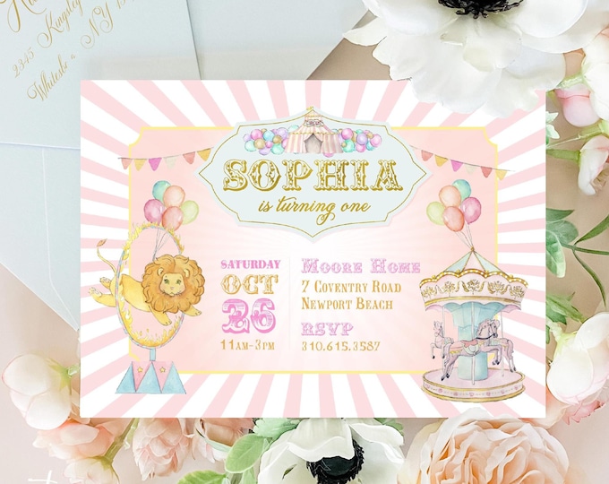 Carousel Birthday Invitation | Pink Carnival, Circus Invite