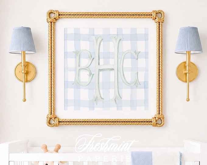 Monogram Nursery Wall Art, Blue Gingham, Mint