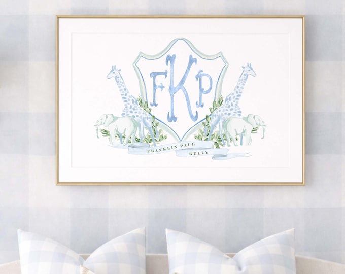 Safari Nursery Wall art Print, Giraffe, Elephant, Zoo Animals, Monogram, Crest