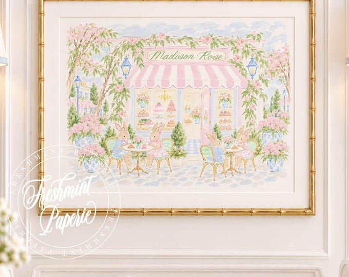 Watercolor Floral Nursery Print, Pastel Bunny Patisserie Café