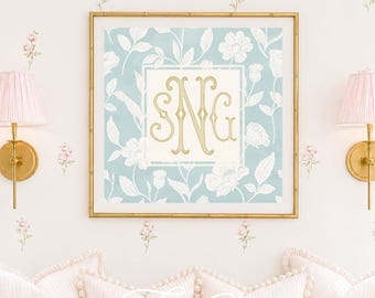 Monogramm Wandkunst, Chinoiserie, Botanisch, Grandmillennial, Toile, Minze Aquarell