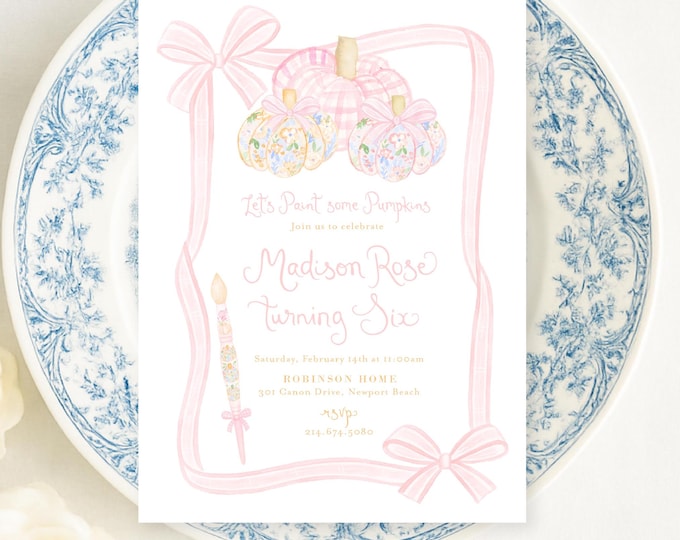 Pumpkin Painting Birthday Invitation: Pink Gingham, Paint Party