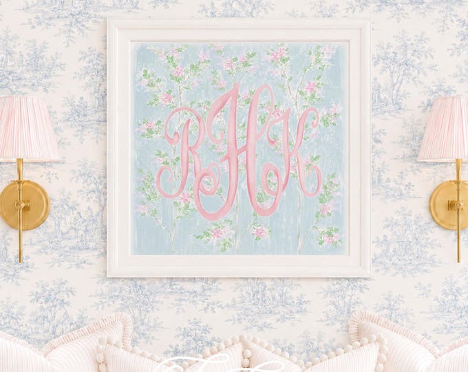 Monogram Wall Art, Chinoiserie, Cherry Blossom, Grandmillennial, Watercolor