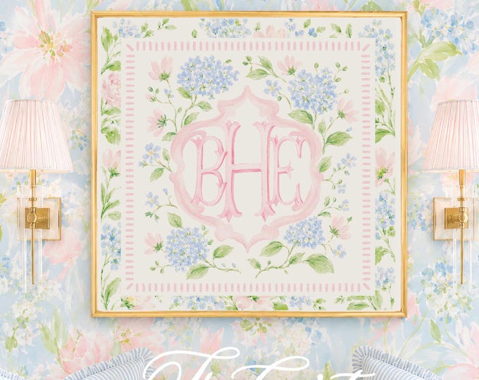 Monogram Wall Art, Hydrangea, Chinoiserie, Floral, Grandmillennial, Watercolor
