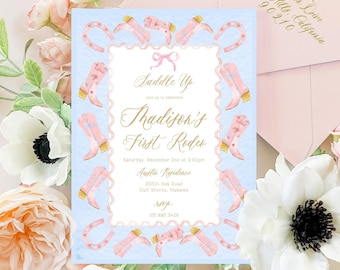 Cowgirl Birthday Invitation, Pink Boots Rodeo, Saddle Up