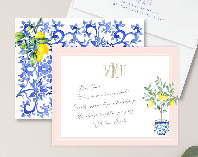 Personalized Stationery - Monogram Note Cards - Chinoiserie Ginger Jar Note Cards - Stationery Suite - Lemon Suite - set5