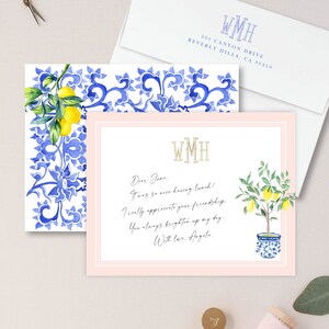 Gepersonaliseerde briefpapier - notitiekaarten monogram - chinoiserie-gemberpot - notitiekaarten - briefpapiersuite - citroensuite - set5