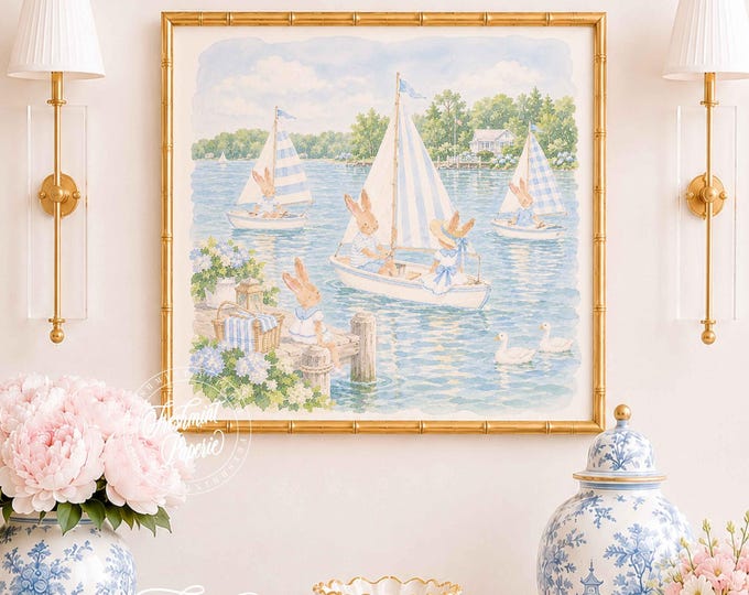 Nursery Wall Art, Bunny Sailboat, Grandmillennial, Chinoiserie