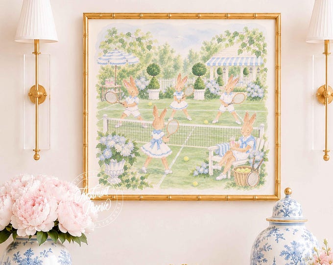 Nursery Wall Art, Bunny Tennis, Grandmillennial, Chinoiserie