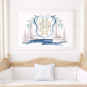 Segelboot, Segelboot, Segelboot, blaues Band, Maritimer Druck, Monogramm