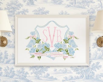 Watercolor Hydrangea Monogram Nursery Print, Custom Wall Art, Crest