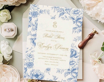 Blue Floral Toile Bridal Shower Invitation
