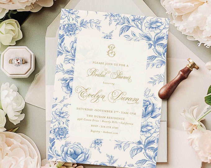 Blue Floral Toile Bridal Shower Invitation