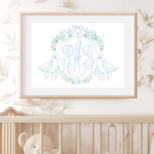 Nursery wall art, Monogram Nursery Wall Art, Nursery name print, Blue Toile wall art, Custom nursery wall art, Blue Bow, Duck, Toile