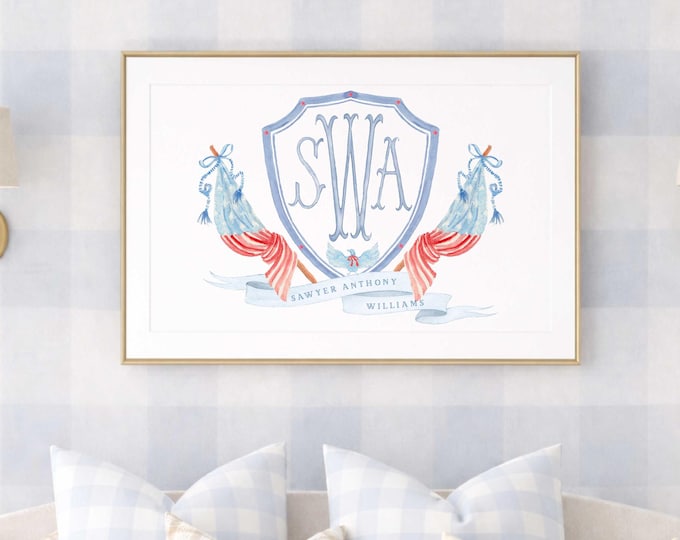 Patriotic Wall Art, Eagle, Monogram Nursery Print, American Flag, Stars & Stripes, Crest