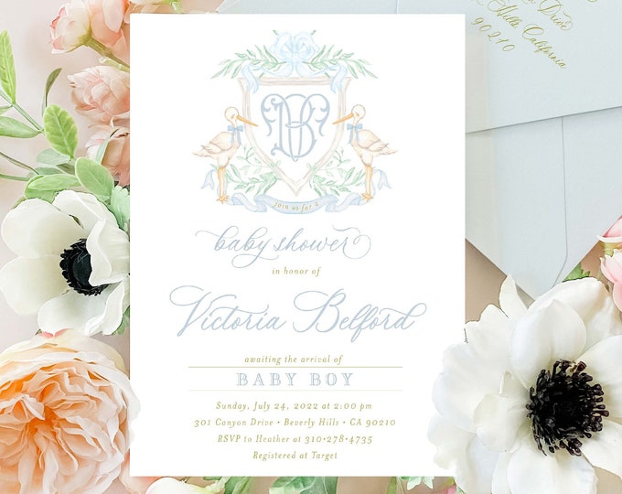 Watercolor Stork Baby Shower Invitation, Monogram Crest