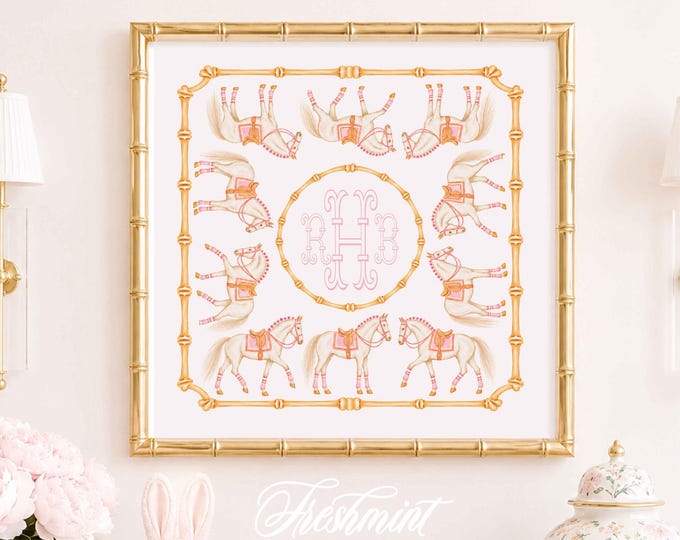 Monogram Wall Art, Preppy Horse, Bamboo, Watercolor, Office, Nursery
