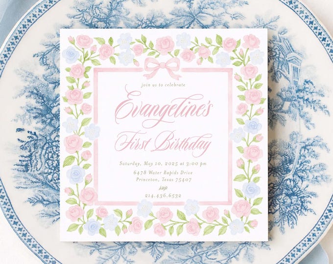 Watercolor Floral Birthday Invitation: Pastel Pink & Blue (Printable Invite)