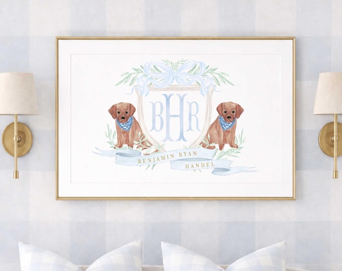 Labrador Monogram Nursery Print, Personalized Puppy Crest, Baby Boy